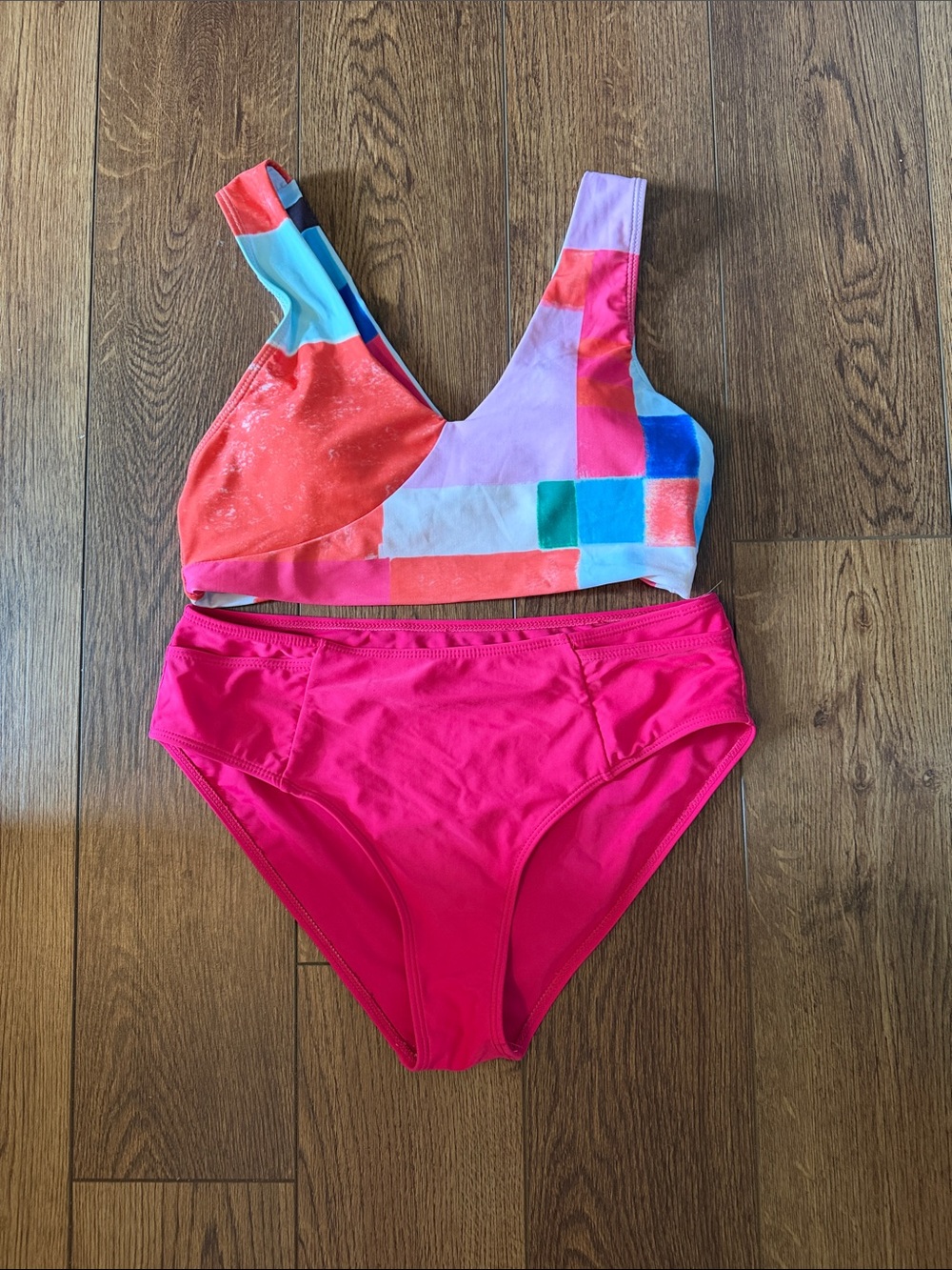 Source Unknown Multicolor Patchwork Bikini Top with Hot Pink High-Waist Bottom